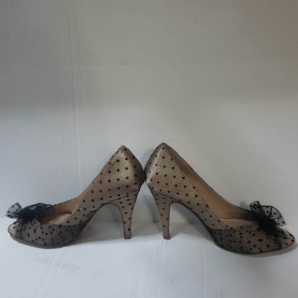 Heart In D Peep Toe Black Tan Pokadot Heels - Picture 7 of 16